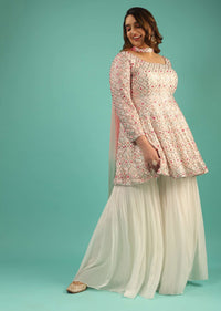 off white sharara suit in georgette with peplum kurti adorned in colorful resham and mirror abla jaal online - kalki fashion - sg61868 2