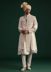 off white silk threadwork sherwani suit with dupatta and mal-sg258994 6