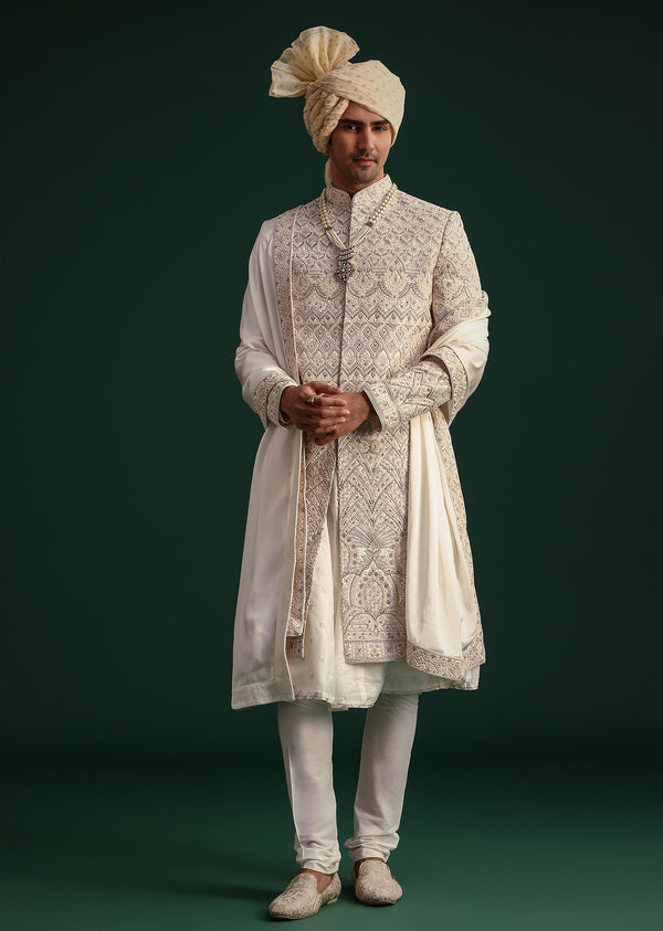 Off White Silk Threadwork Sherwani Suit With Dupatta And Mala