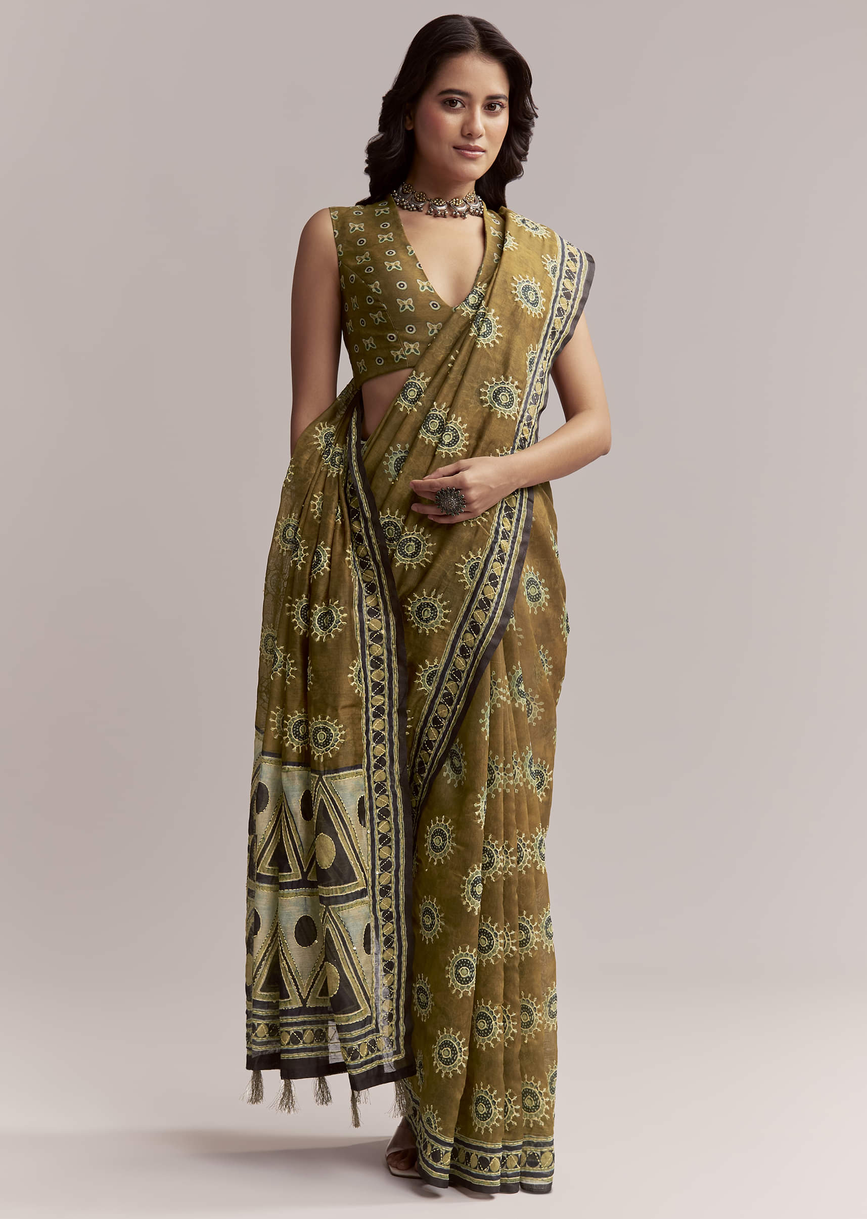 olive-brown-linen-printed-saree-with-handcrafted-ajrakh-print-sg312212-1