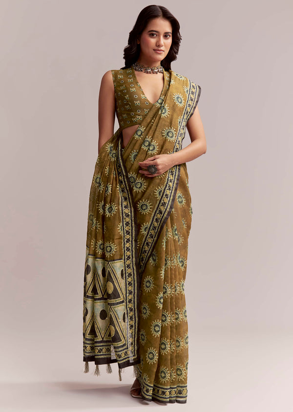 olive-brown-linen-printed-saree-with-handcrafted-ajrakh-print-sg312212-1