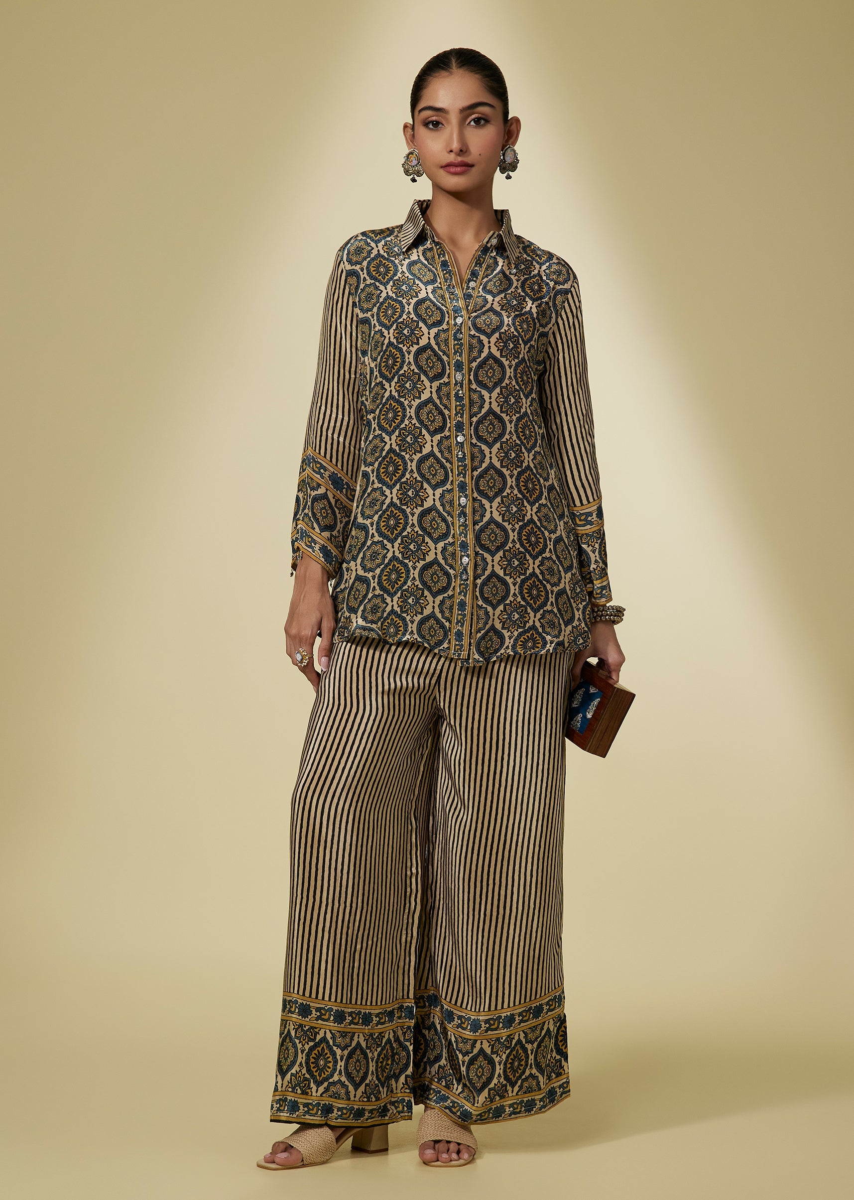Olive Crepe Ajrakh Floral Print Co Ord Set