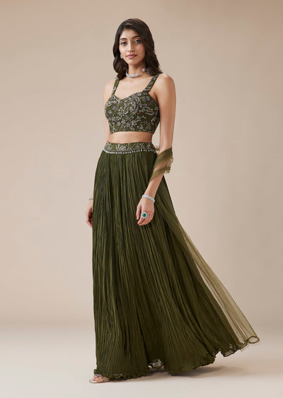 Olive Green Ruched Lehenga Choli With Dupatta