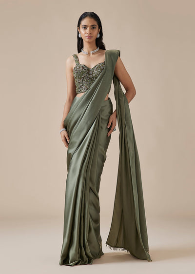 Olive Green Satin Blend Unstitched Saree With Corset Blouse