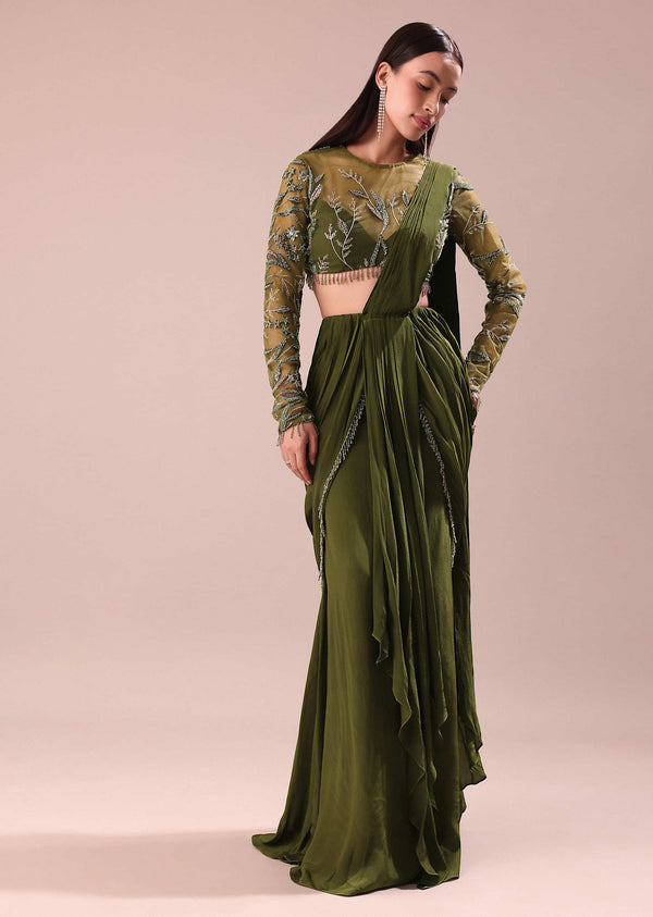 Olive Green Pre Draped Saree With Embroidered Blouse
