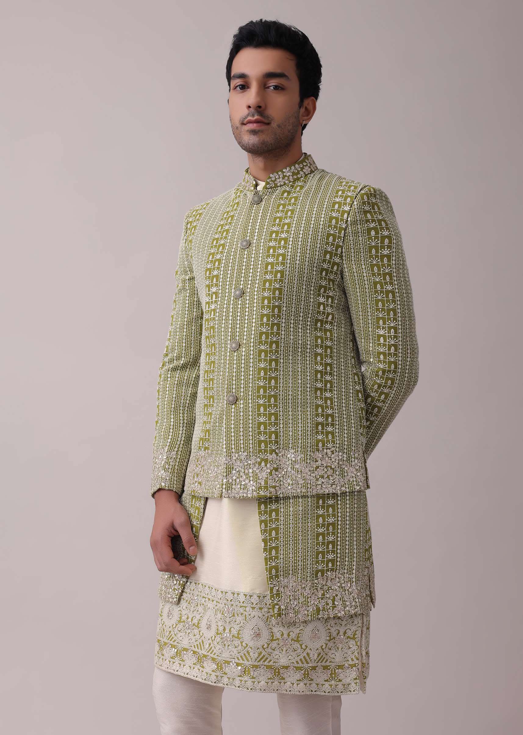 olive green sherwani set in silk with lucknowi-sg132643 2