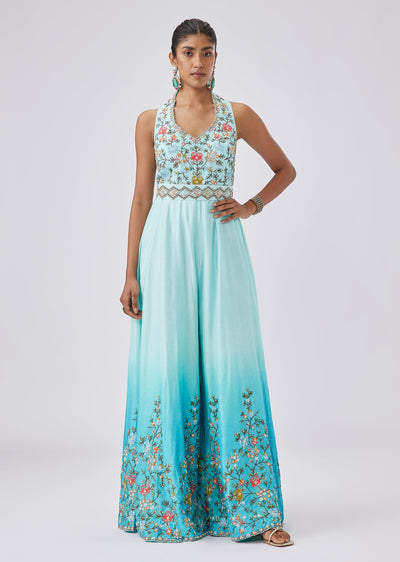 Ombre Blue Resham And Sequin Embroidered Jumpsui