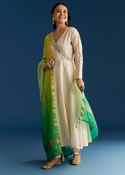 Ombre Chanderi Angrakha Style Anarkali Suit With Ombre Dupatta