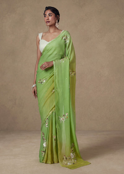 Ombre Green Chiffon Zari Butti Embroidered Saree With Unstitched Blouse