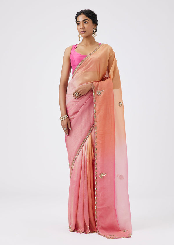 Ombre Pink Butti Embroidered Tissue Saree