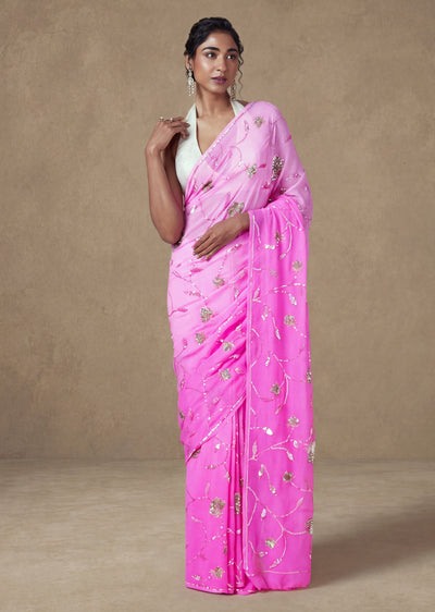 Ombre Pink Jaal Embroidered Chiffon Saree With Unstitched Blouse
