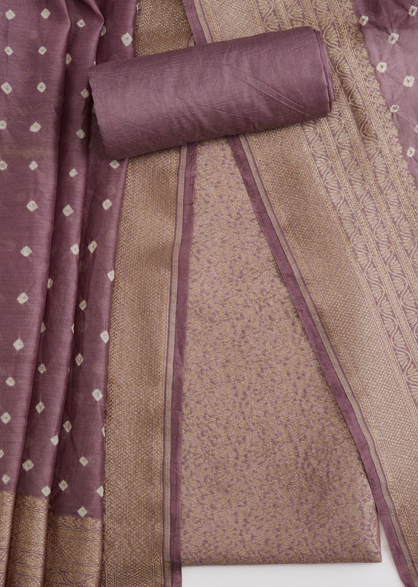 Onion Pink Banarasi Silk Unstitched Suit Set With Bandhani Dupatta
