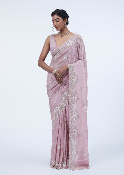 Onion Pink Jaal Embroidered Saree With Unstitched Blouse