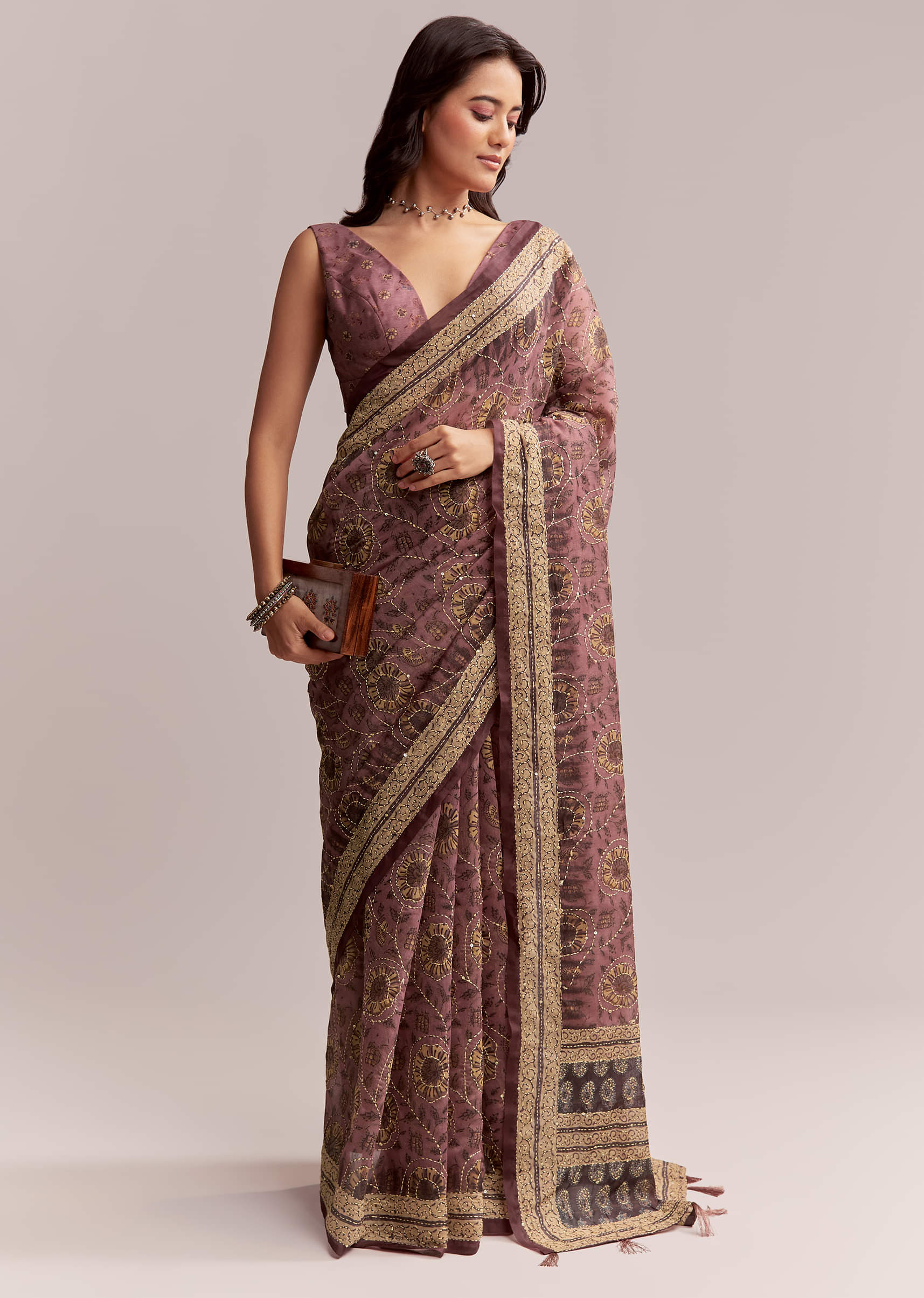 Onion Pink Linen Printed Saree With Traditional Ajrakh Print