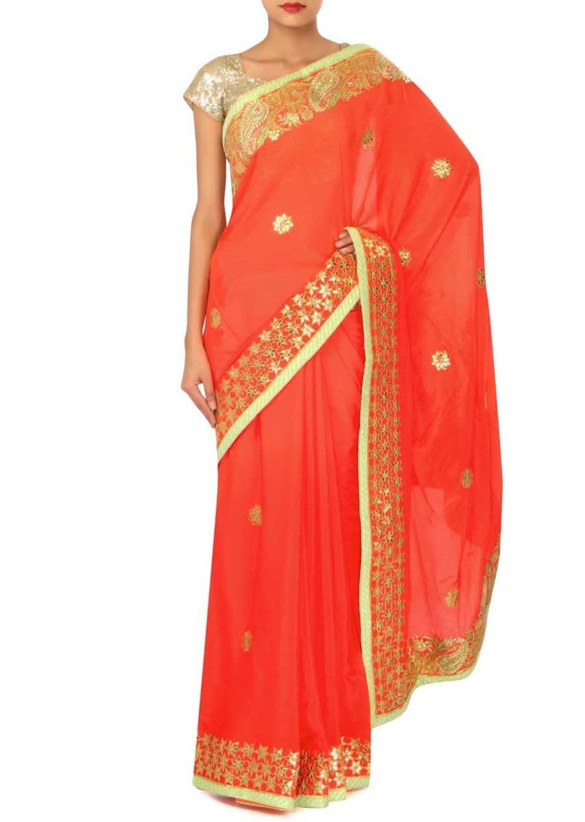 Orange Saree With Gotta Patch Embroidered Border Online - Kalki Fashion - KALKI Fashion India