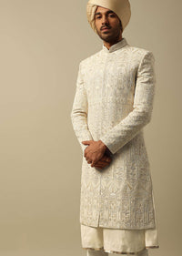opulent beige banarasi silk sherwani -sg195200 4