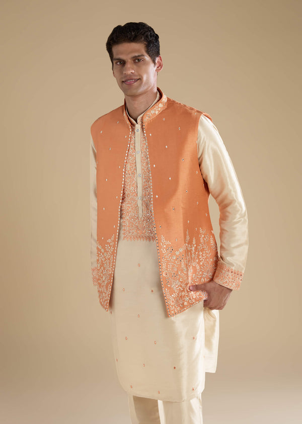 Orange Viscose Jacket Kurta Set with Mirror Work