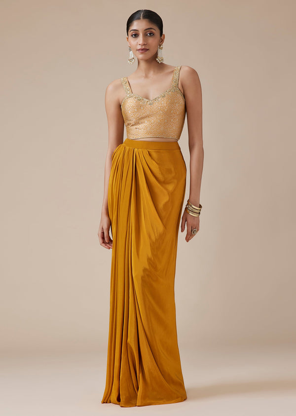 Orange Banarasi Corset Drape Skirt Set