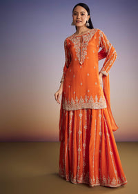 Orange Chinon Kurta Palazzo Set With Cutdana And Beads Work