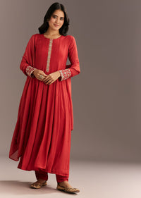 Orange Chinon Zardosi Moti Work Anarkali Dupatta Set