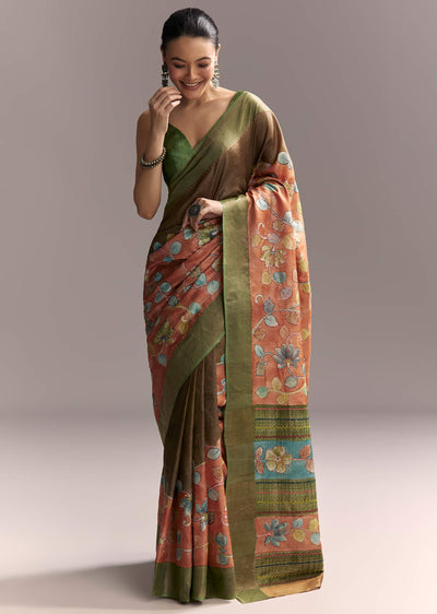orange-cotton-saree-with-hand-painted-motifs-and-green-border-sg317774-1