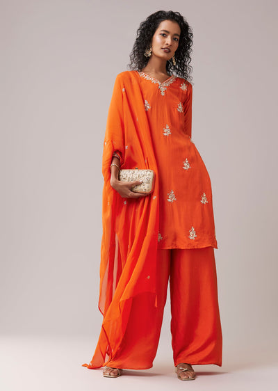 Orange Embroidered Silk Kurta Set with Gota Work