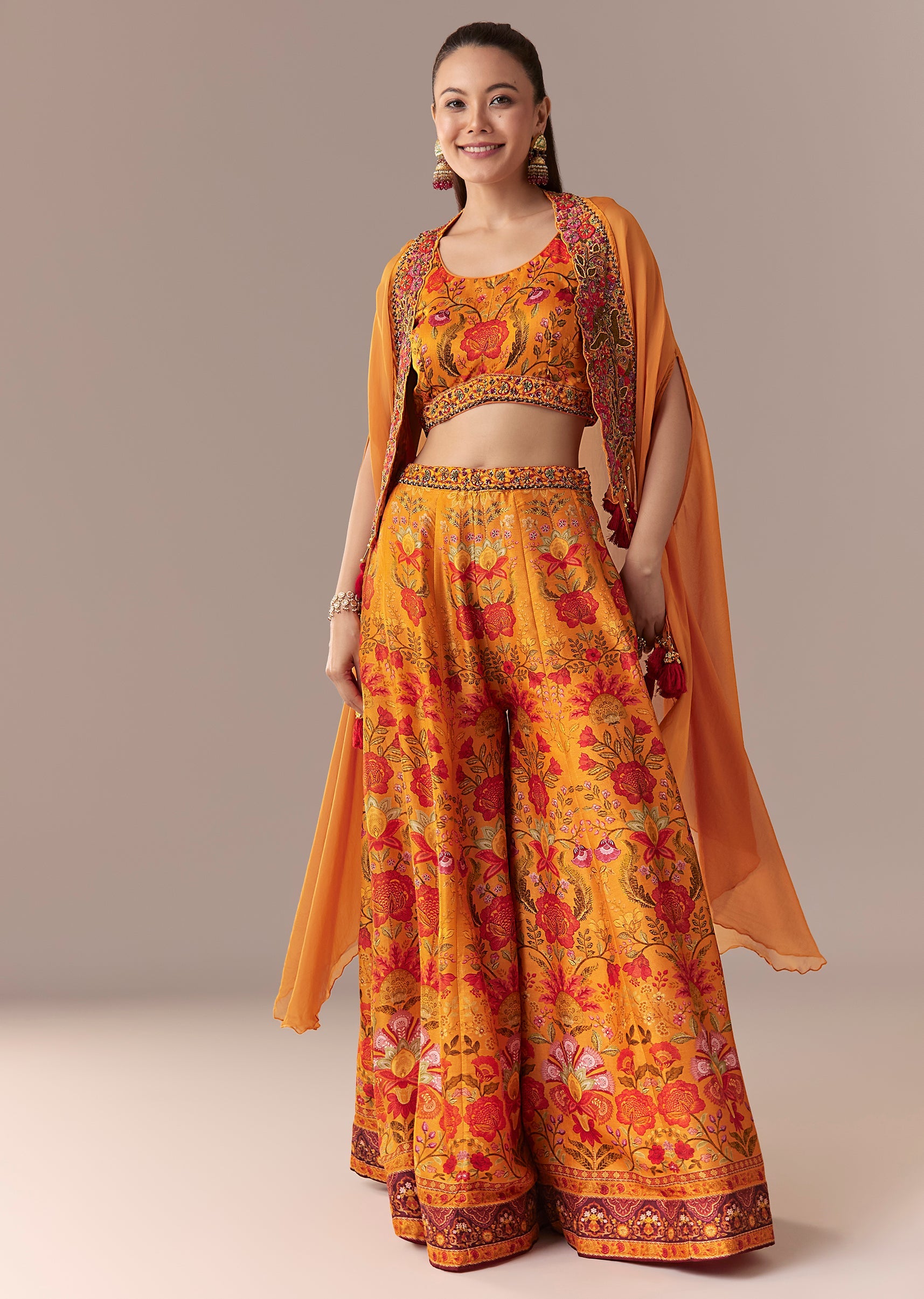 Orange Floral Cape Crop Top Set With Palazzo