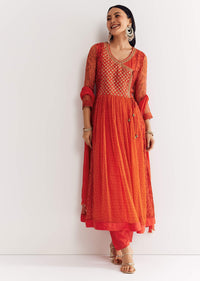 Orange Floral Chiffon Anarkali Kurta Set With Dupatta
