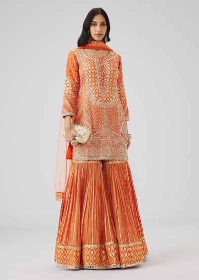 Orange Jacquard Heavily Embroidered Sharara Suit Set