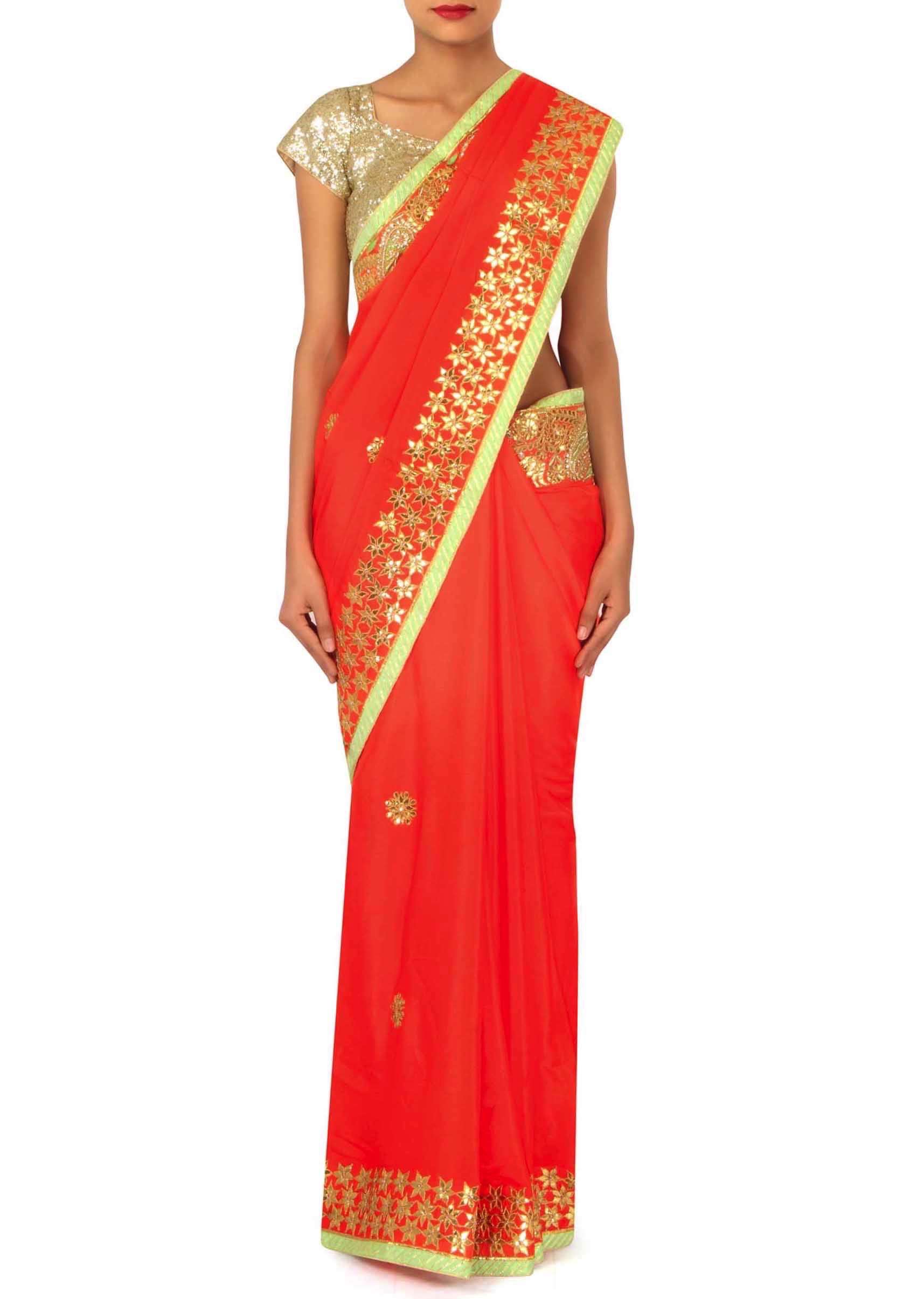 Orange Saree With Gotta Patch Embroidered Border Online - Kalki Fashion - KALKI Fashion India