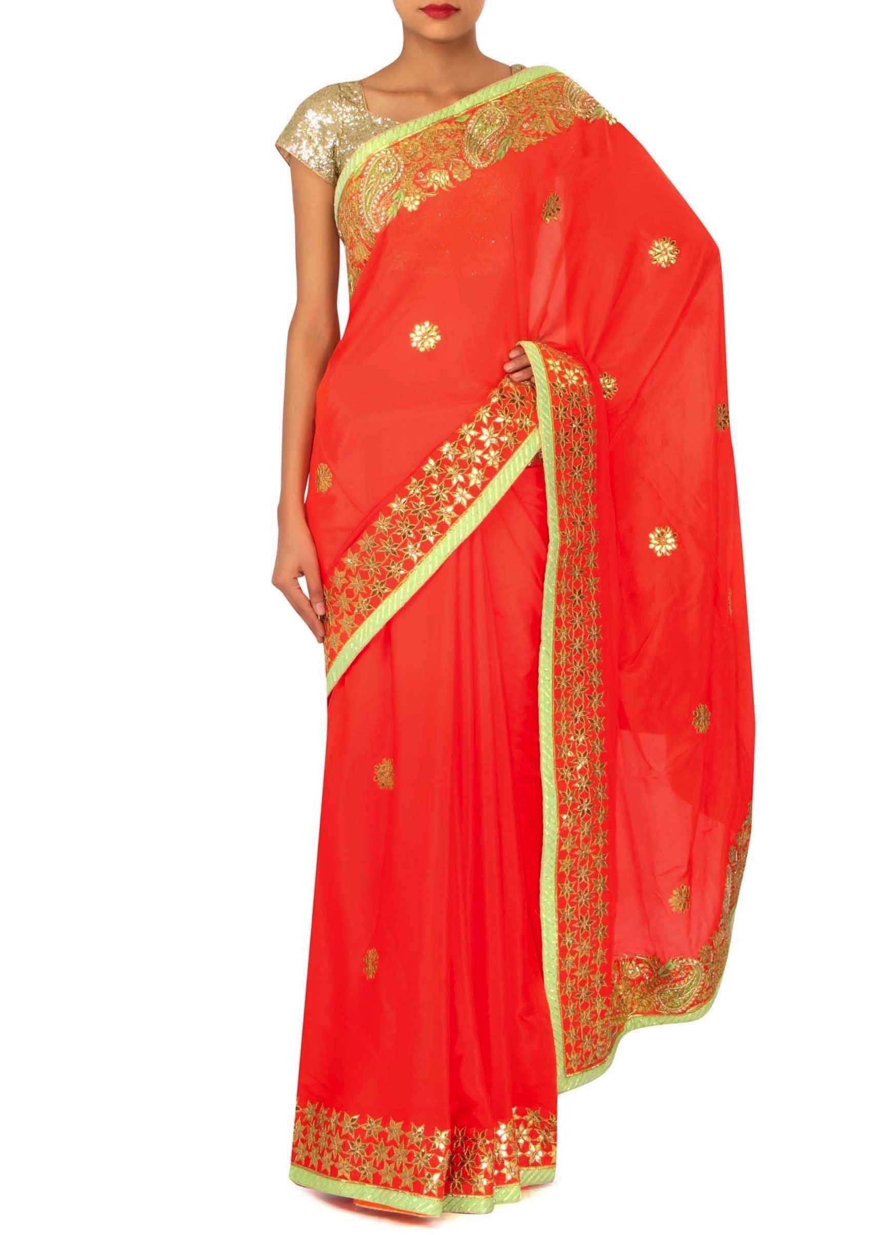 Orange Saree With Gotta Patch Embroidered Border Online - Kalki Fashion - KALKI Fashion India