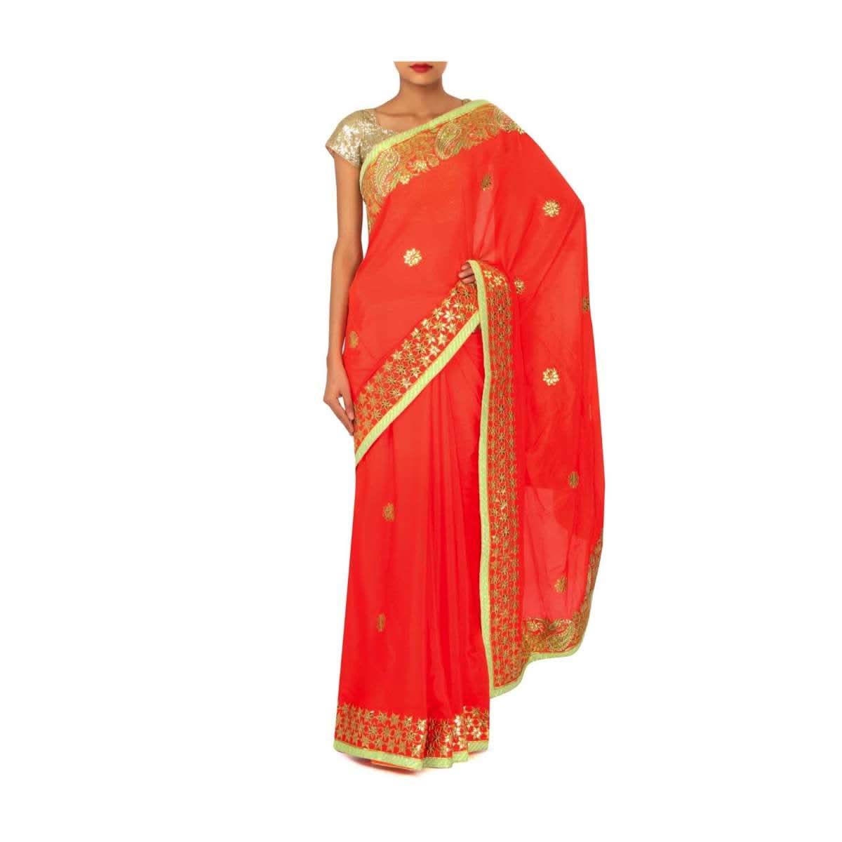 Orange Saree With Gotta Patch Embroidered Border Online - Kalki Fashion - KALKI Fashion India