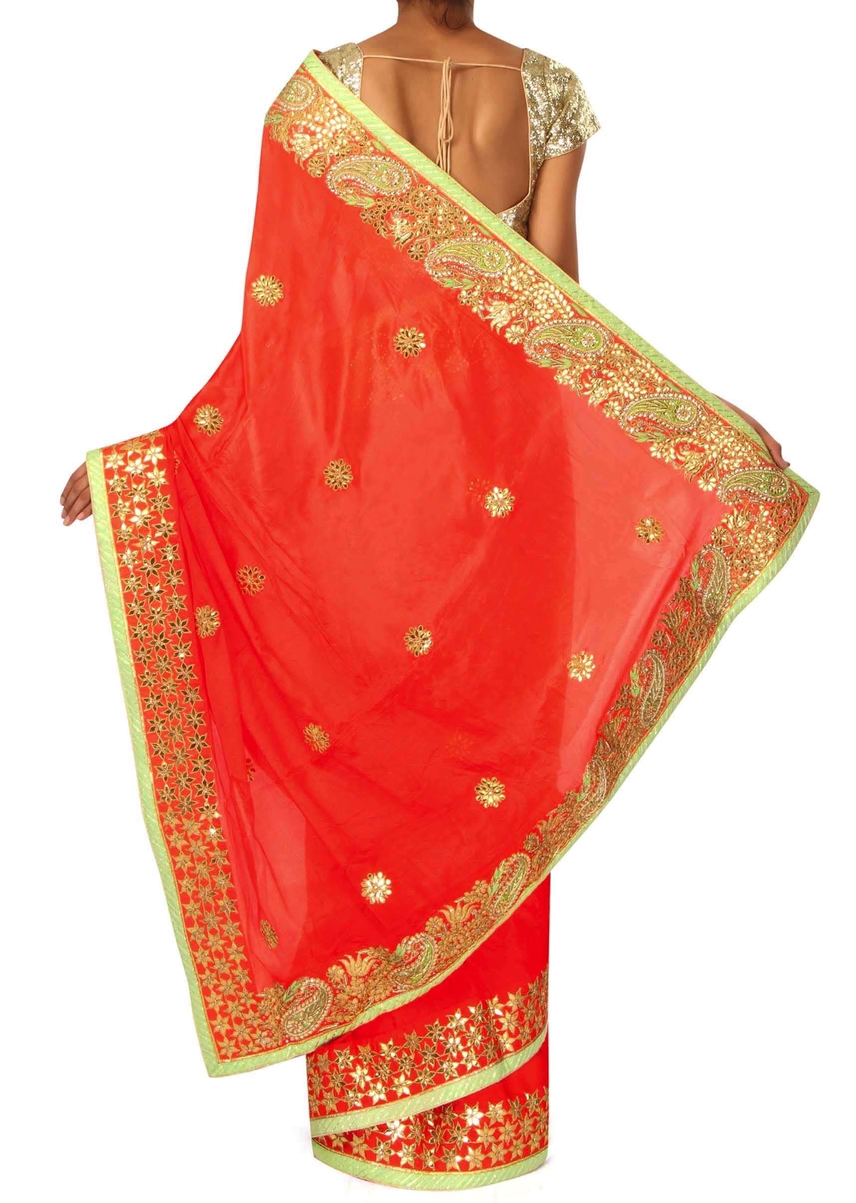 Orange Saree With Gotta Patch Embroidered Border Online - Kalki Fashion - KALKI Fashion India