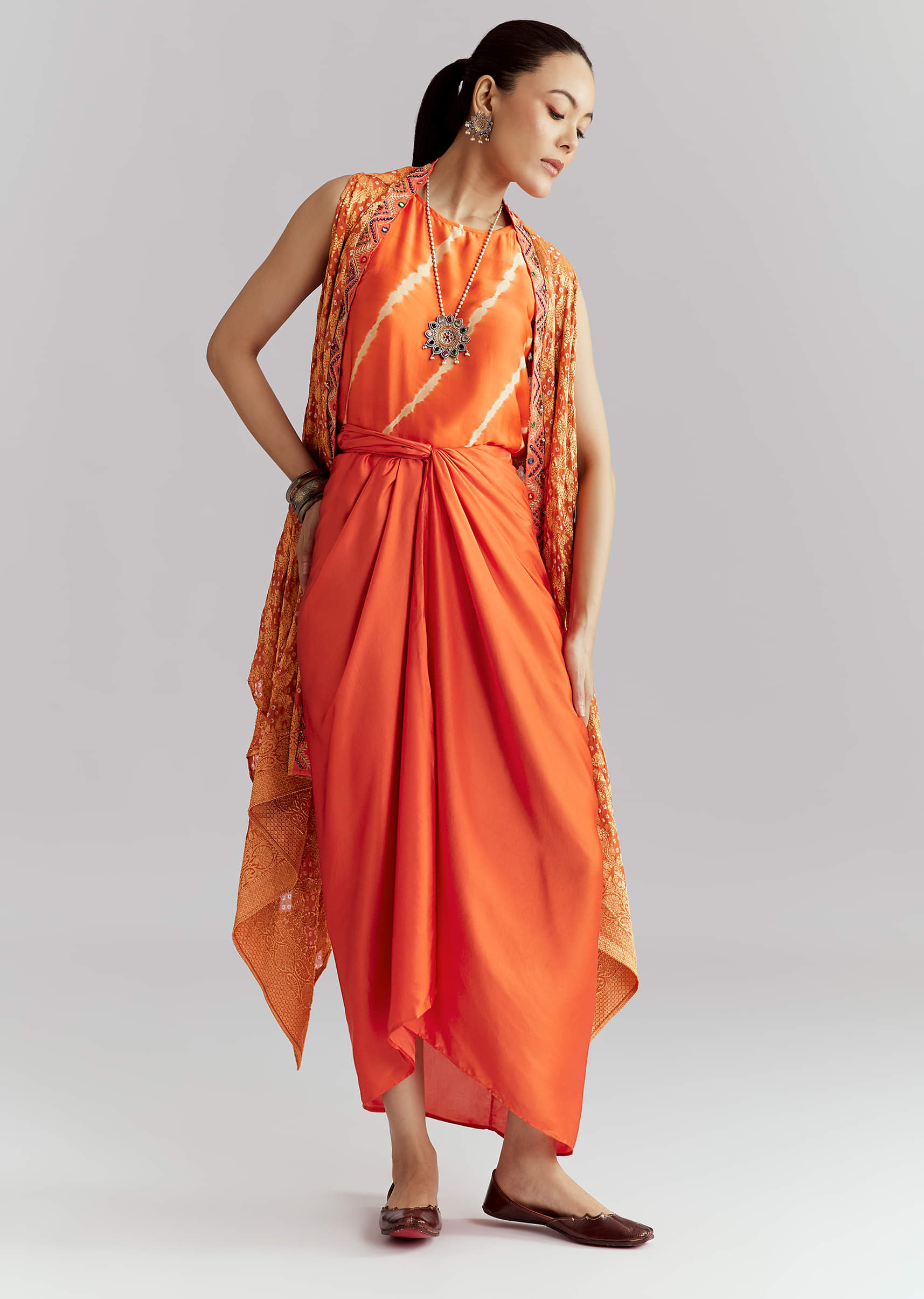 Orange Silk Crop Top And Wrap Skirt Set With Bandhani Print