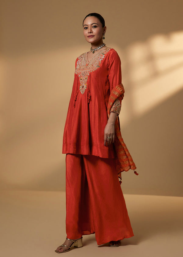 Orange Silk Palazzo Set With Zardosi Embroidered Yoke