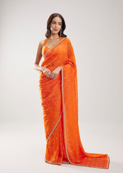 Orange Silk Saree With Cut Dana Butti And Embellished Border