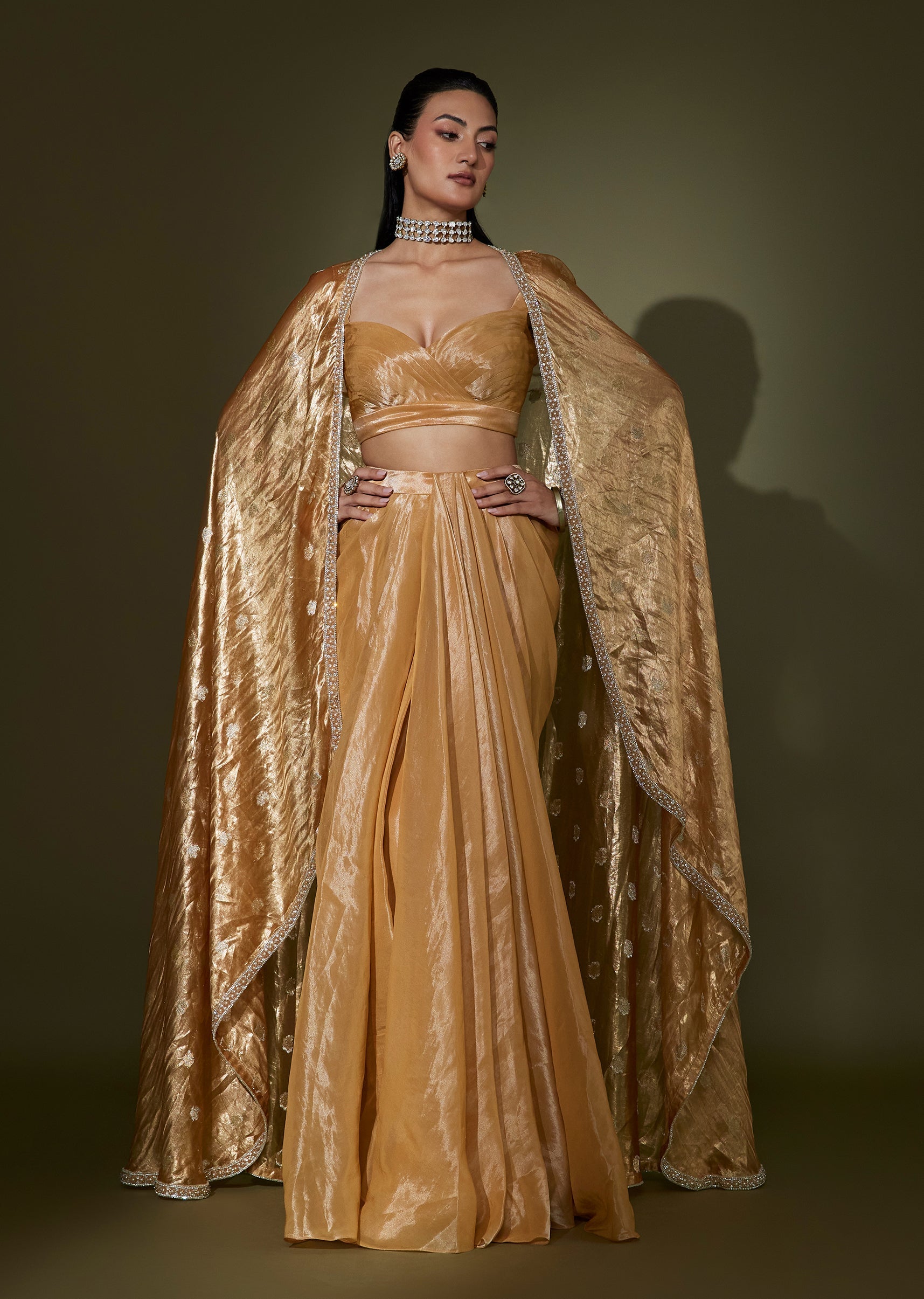 Orange Tissue Crop Top Skirt Set With A Banarasi Toned Cape