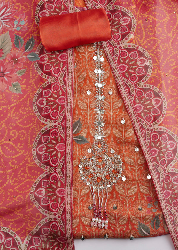 Orange Tissue Printed Unstitched Suit Set With Dupatta