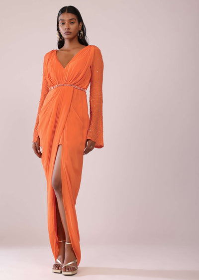 orange indo-western gown in crepe with tikki-sg147488 9