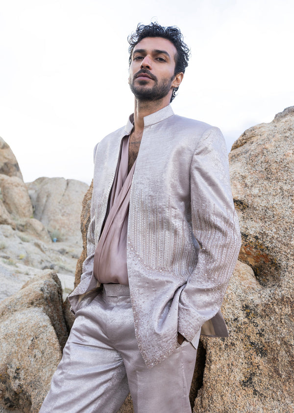 Oyester Grey Satin Organza Tuxedo Set With Back Embroidery