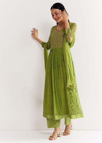 Parrot Green Floral Chiffon Anarkali Kurta Set With Dupatta