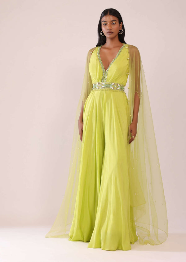 Sheen Green Crepe Jumpsuit And Net Shrug With A Crystal Bead Embroidered Belt