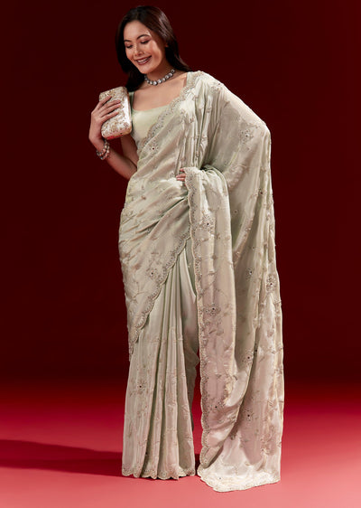 Pastel Green Tissue Saree With Heavy Floral Jaal Embroidery And Zardosi Highlights