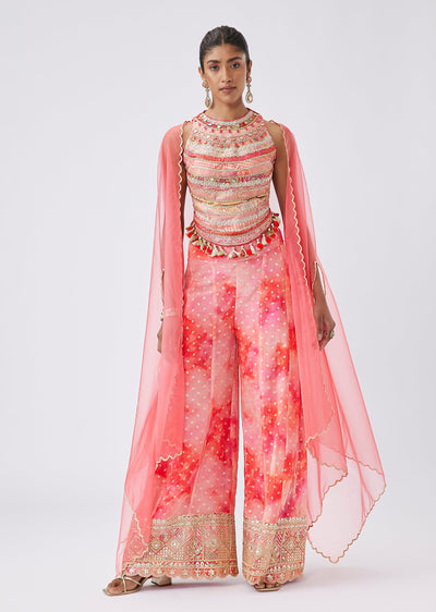 Pastel Pink Brocade Gota Work Crop Top And Palazzo