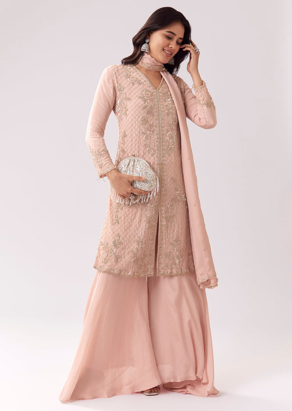 Pastel Pink Embellished Palazzo Suit