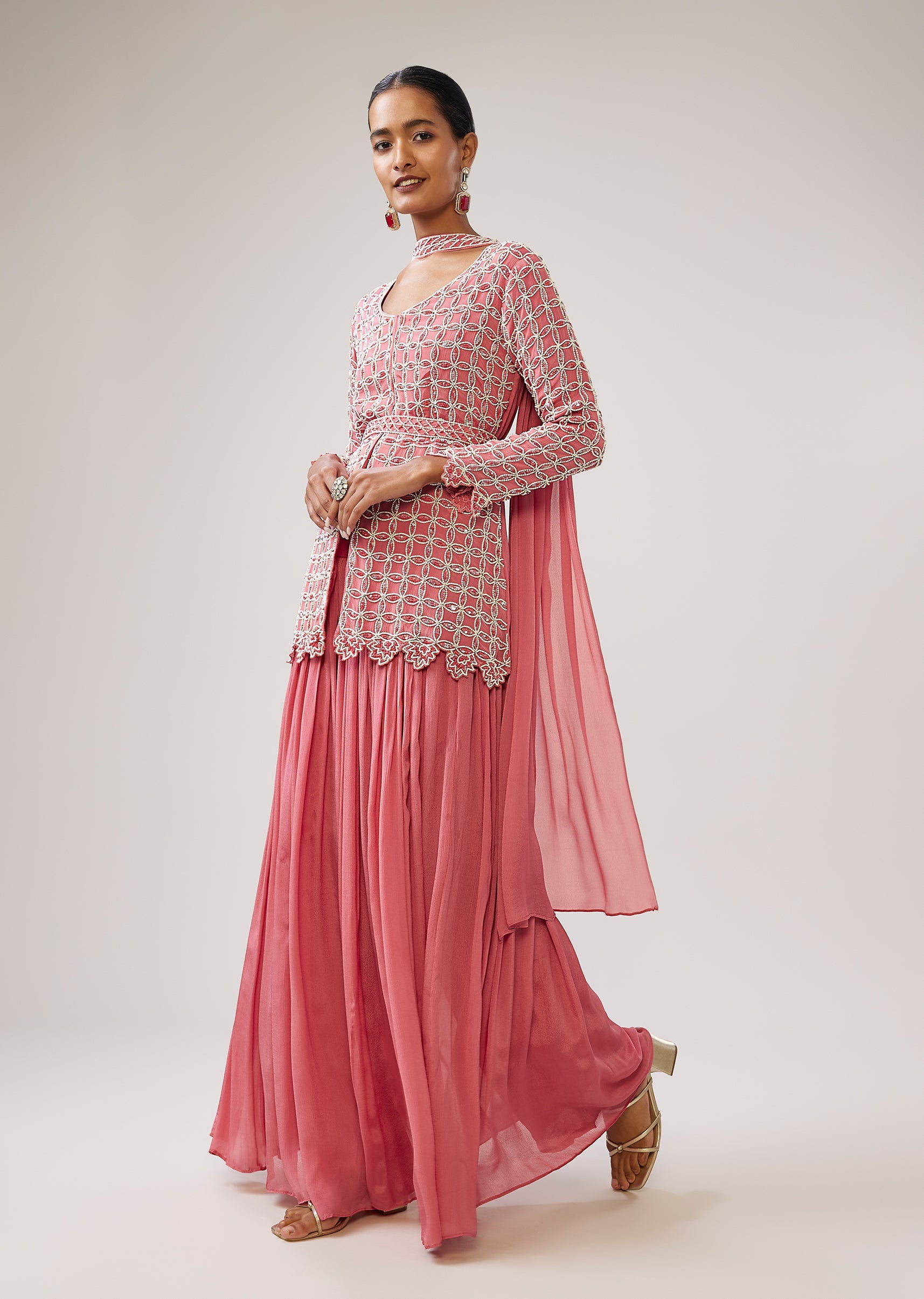Pastel Pink Peplum Palazzo Set With Belt And Choker Dupatta