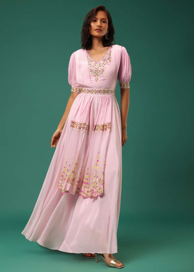 Pastel Pink Embroidered Jumpsuit in Crepe With Mirror Work