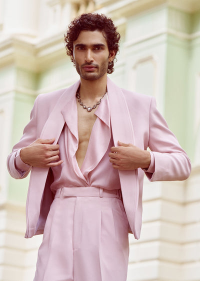 Peach Blazer And Pant Set With Organza Satin Shirt