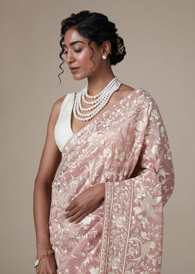 Peach Chanderi Saree With All Over Resham Jaal Embroidery
