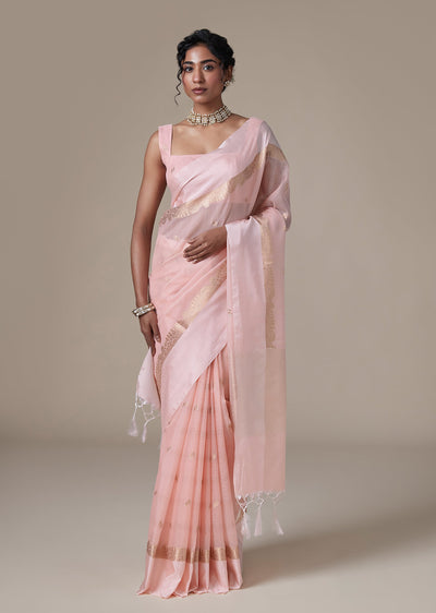 Peach Chanderi Saree With All Over Zari Woven Motifs